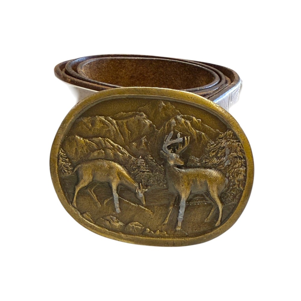 Vintage Indiana Metal Craft Buckle Belt Brown Floral Embossed Leather Deer 32 - Picture 8 of 9